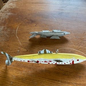 Vintage primitive folk art hand made wooden weighted painted fish decoys